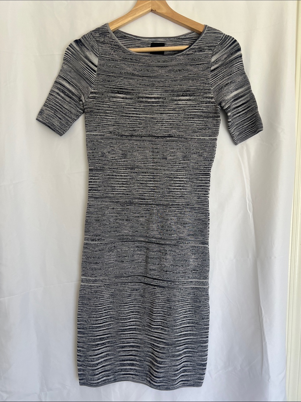 Fitted Ribbed bodycon Midi Dress in Navy Blue and White